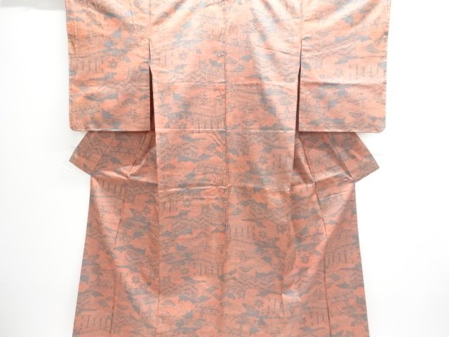 JAPANESE KIMONO / UNUSED NISHIJIN OMESHI / WOVEN HOUSE SCENERY & PINE